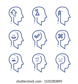 Human head profile line icon set, cognitive psychology or psychotherapy, positive or negative thinking, behavior concept, emotional intellect, sociology opinion poll, vector linear design