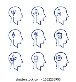 Human head profile line icon set, cognitive psychology or psychiatry. Intellect training, logic and memory improvement, decision making or behavior concept, vector linear design