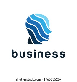 Cabeza humana en perfil, logotipo, icono, signo, pictograma. Símbolo humano abstracto con líneas onduladas azules para diseño creativo sobre fondo blanco. Ilustración vectorial.