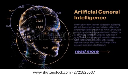 Human head in profile made of colorful glowing dots with circles and scattered numerical data points on a dark background. Conceptual vector illustration for artificial general intelligence, AI technology, and machine learning themes.