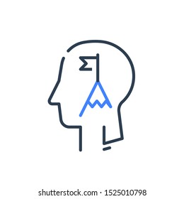 Human head profile and mountain summit, motivational growth mindset psychology for goal achievement success strategy.  Leadership training vector line icon