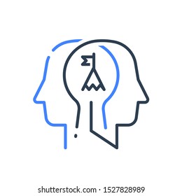 Human head profile and mountain summit, motivational psychology, goal achievement, growth mindset, success strategy, leadership training, vector line icon