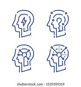 Human head profile and neurons connection net, cognitive psychology or psychotherapy, neurology concept, memory work, brain research, vector line icon set