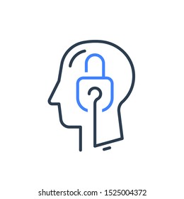 Human head profile and padlock, cognitive psychology or psychotherapy mental health concept, vector line icon