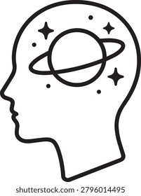 Human head profile with planet and orbit outline icon for imagination and universe exploration vector illustration