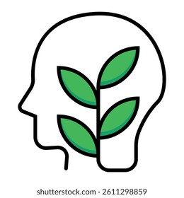 Human head profile with a plant growing inside, featuring green leaves and a black outline, symbolizing growth, mental development, or nurturing ideas in a minimalist design