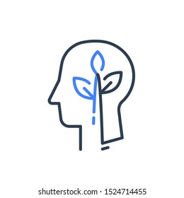 Human head profile and plant stem, cognitive psychology or psychiatry concept, mental health, brain illness, positive thinking, growth mindset, self esteem, personal development, vector line icon