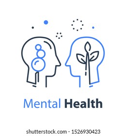 Human head profile and plant stem, cognitive psychology or psychiatry concept, mental health, brain illness, positive thinking, growth mindset, self esteem, personal development, vector linear design