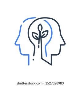 Human head profile and plant stem, cognitive psychology or psychiatry concept, mental health, brain illness, positive thinking, growth mindset, self esteem, personal development, vector line icon