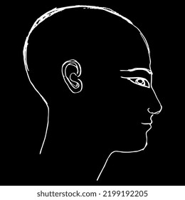 Human head in profile. Portrait of ancient Egyptian man. Hand drawn linear sketch. White silhouette on black background.