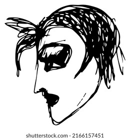 Human head in profile. Portrait of a young woman or handsome guy. Hand drawn linear doodle rough sketch. Black silhouette on white background.