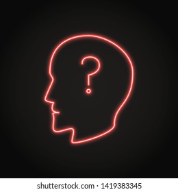 Human head profile with question mark neon icon. Confused human symbol. Vector illustration.
