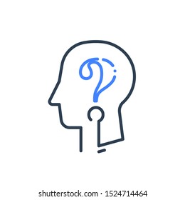 Human head profile and question mark line icon, cognitive psychology or psychiatry, self questioning, education concept, vector linear design