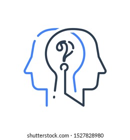 Human head profile and question mark line icon, cognitive psychology or psychiatry, self questioning, education concept, vector linear design