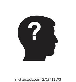 Perfil de cabeza humana signo de interrogación sólido Vector negro icono aislado fondo blanco pensar duda confusión símbolo mental Diseño gráfico ilustración