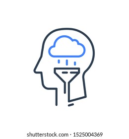 Human head profile and rainy cloud line icon. Cognitive psychology or psychiatry concept for mental depression illness treatment. Negative  emotional control thought brain disorders 