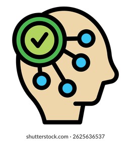 Human head profile showing neural network with check mark icon, representing concept of successful artificial intelligence