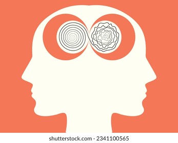 human head profile silhouette with infinity symbol. Autism spectrum disorder, dual personality and neurodiversity awareness.