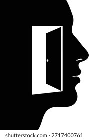Silueta de perfil de cabeza humana con una puerta abierta. Concepto de mente, oportunidad, libertad y autodescubrimiento. Ilustración vectorial