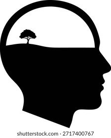 Human head profile silhouette with a tree inside. Conceptual vector illustration representing mind, nature, thought, and mental wellbeing. Vector illustration