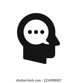 Human head profile with speech bubble symbol, inner monologue, thoughts concept simple black icon, vector illustration isolated on white background