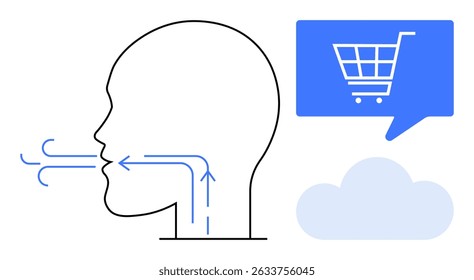 Perfil da cabeça humana, balões de fala com setas, ícone do carrinho de compras azul e símbolo de nuvem. Ideal para comunicação, compras on-line, tecnologia, atendimento ao cliente, inteligência artificial, marketing
