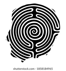 Human head in profile with spiral maze or labyrinth inside. Creative concept for mystery of human mind. Black and white silhouette. 