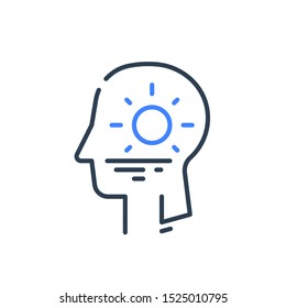 Human head profile and sunrise. Cognitive inner calmness or harmony psychology or psychiatry concept for mental balance. Positive mindful or conscious thinking vector line icon