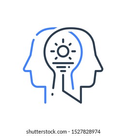 Human head profile and sunrise, cognitive psychology or psychiatry concept, inner calm or harmony, mental balance, positive thinking, mindful or conscious, vector line icon