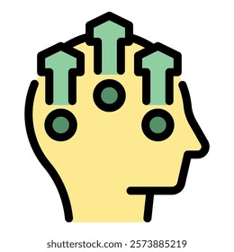 Human head profile with upward green arrows representing concepts such as personal growth, positive thinking, and success