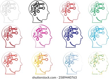 Human head profiles, colorful outlines, minimalist sketches, anatomical drawings, brain patterns, multi-colored illustrations, neurological concept art, psychological symbols, geometric brain designs,