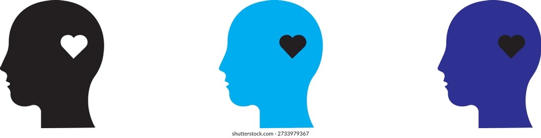 Perfiles de cabeza humana con iconos del corazón. Conceptos de bienestar mental en campañas de psicología y bienestar