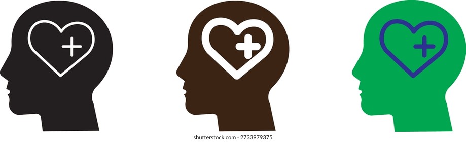 Perfiles de cabeza humana con iconos del corazón. Conceptos de bienestar mental en campañas de psicología y bienestar