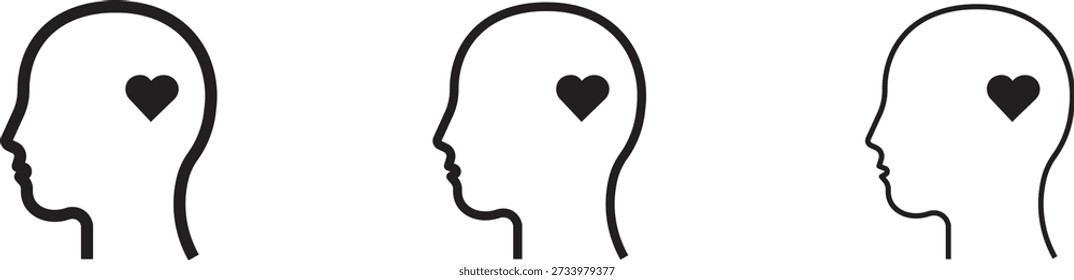 Perfiles de cabeza humana con iconos del corazón. Conceptos de bienestar mental en campañas de psicología y bienestar
