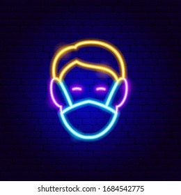 Human Head in Protective Mask Neon Sign. Vector Illustration of Medical Promotion.
