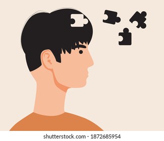 El rompecabezas humano aislado. Ilustración de material vectorial plano. Concepto de pensamiento lógico, resolución de problemas. Un hombre con un rompecabezas en su cerebro resuelve un problema. Pensamiento intelectual. Ilustración del rompecabezas