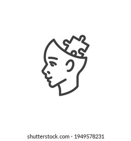 Cabeza humana con icono de la línea del rompecabezas. signo de estilo lineal para concepto móvil y diseño web. Icono de vector de esquema de pensamiento lógico. Símbolo, ilustración del logotipo. Gráficos vectoriales