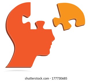 Human head with puzzle piece, abstract vector design.