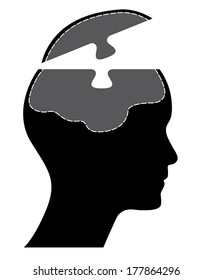 Human head with puzzle piece, abstract vector design.