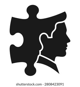 Human head with puzzle piece vector icon. Concept of psychology, mental health, problem solving, logic, and brain development silhouette illustration.