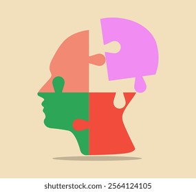 Human head with puzzle pieces. Autism, memory loss, dementia, epilepsy and consciousness. World mental health day and world parkinson's day concept. Vector illustration