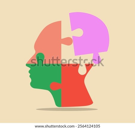 Human head with puzzle pieces. Autism, memory loss, dementia, epilepsy and consciousness. World mental health day and world parkinson's day concept. Vector illustration