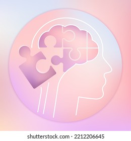 Human head with puzzle pieces as a brain. Psychological vector illustration on pearl background