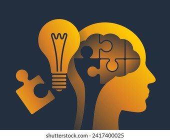 Human head with puzzle pieces as a brain metaphor. Psychological vector concept