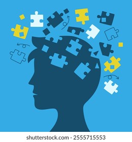 Human head with puzzle pieces and doodles vector illustration. Human brain lacking a piece of puzzle. Concept of brain function, memory loss, disorder, dementia.