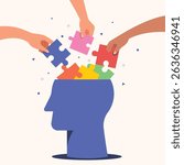 Human head with puzzle pieces, Hand holding puzzle piece, Parts connect, putting puzzle pieces together. 