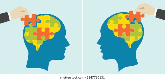 Human head with puzzle pieces. Hand adding missing puzzle piece to head.