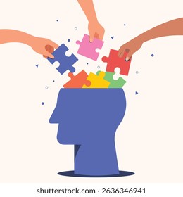 Human head with puzzle pieces, Hand holding puzzle piece, Parts connect, putting puzzle pieces together. 