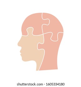 Human head with puzzle pieces inside. Idea, solution concept. Mental health or disorder treatment concept. Skin colored human silhouette. Flat vector illustration