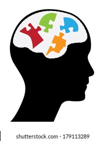 Human head with puzzle shaped head, creative vector design with colorful pieces.